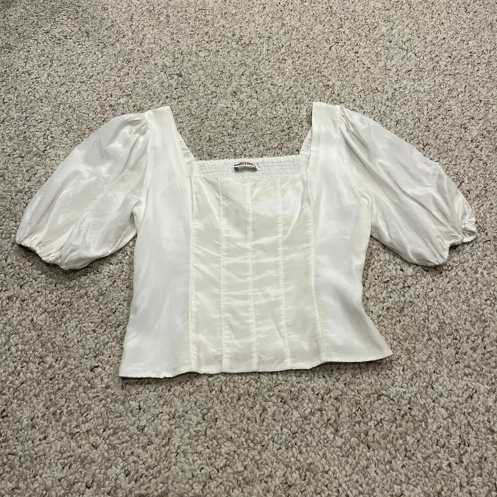 Abercrombie & Fitch Square Neck Puff Sleeve Top M White Feminine Coquette